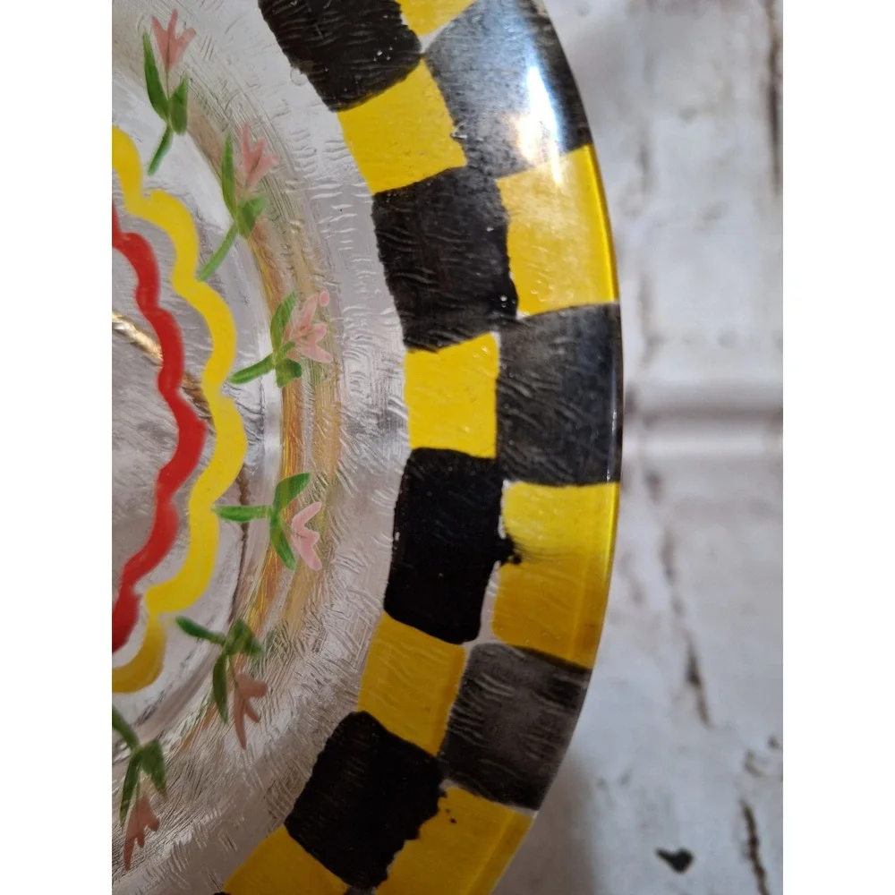 Vintage 1960's MacKensie-Childs Reverse Hand Painted Fused Glass Tulip Plate - Picture 4 of 12